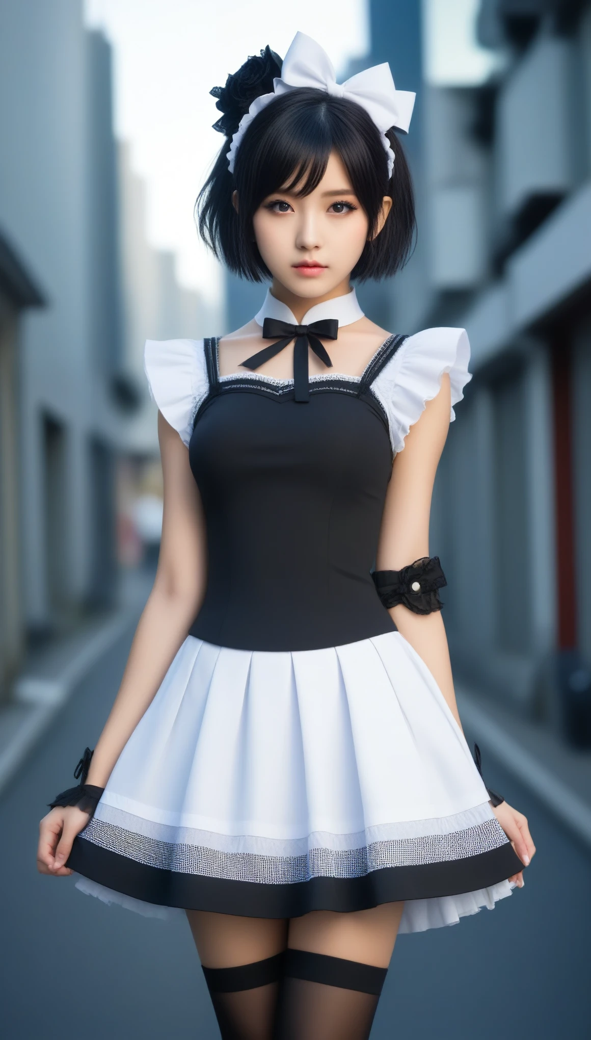 8k, Ultra-high resolution, Highest quality, masterpiece, 三分割法によるphotograph,Surreal, photograph, 1 Girl, (16 years old:1.3), pretty girl, Cute Face, Beautiful eyes in every detail, 細かくdetailedに,masterpiece,One Girl:1.2,Japanese female announcer,full body,Serious expression,Black short hair,Messy hair,Maid Android,((Fusion of Gothic Lolita and Lolita fashion:1.3)),Pencil Skirt,bracelet, chest, choker, clavicle,Beautiful leg line beauty,Futuristic cityscape ,Perfect and beautiful face ,完璧でCute Face, Skin with attention to detail, Perfect limbs、Narrow waist,Looking at the audience,(((Ideal body type))),Aカップの小さなchest :2,Portraiture:2,Perfect Anatomy,鮮明なdetailed,detailed,Surreal,Light and shadow,spotlight