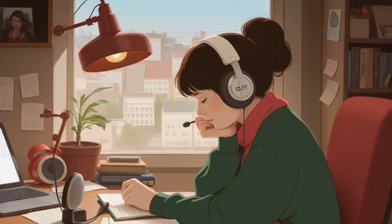 Anime girl sitting at a desk writing with headphones on, praise girl, praise artstyle, praise art, praise portrait, praise feel, praise girl aesthetic, praise colors, Atei Gailan Style, praise vibes, praise, praise hip hop, praise portrait at a window, praise vibe