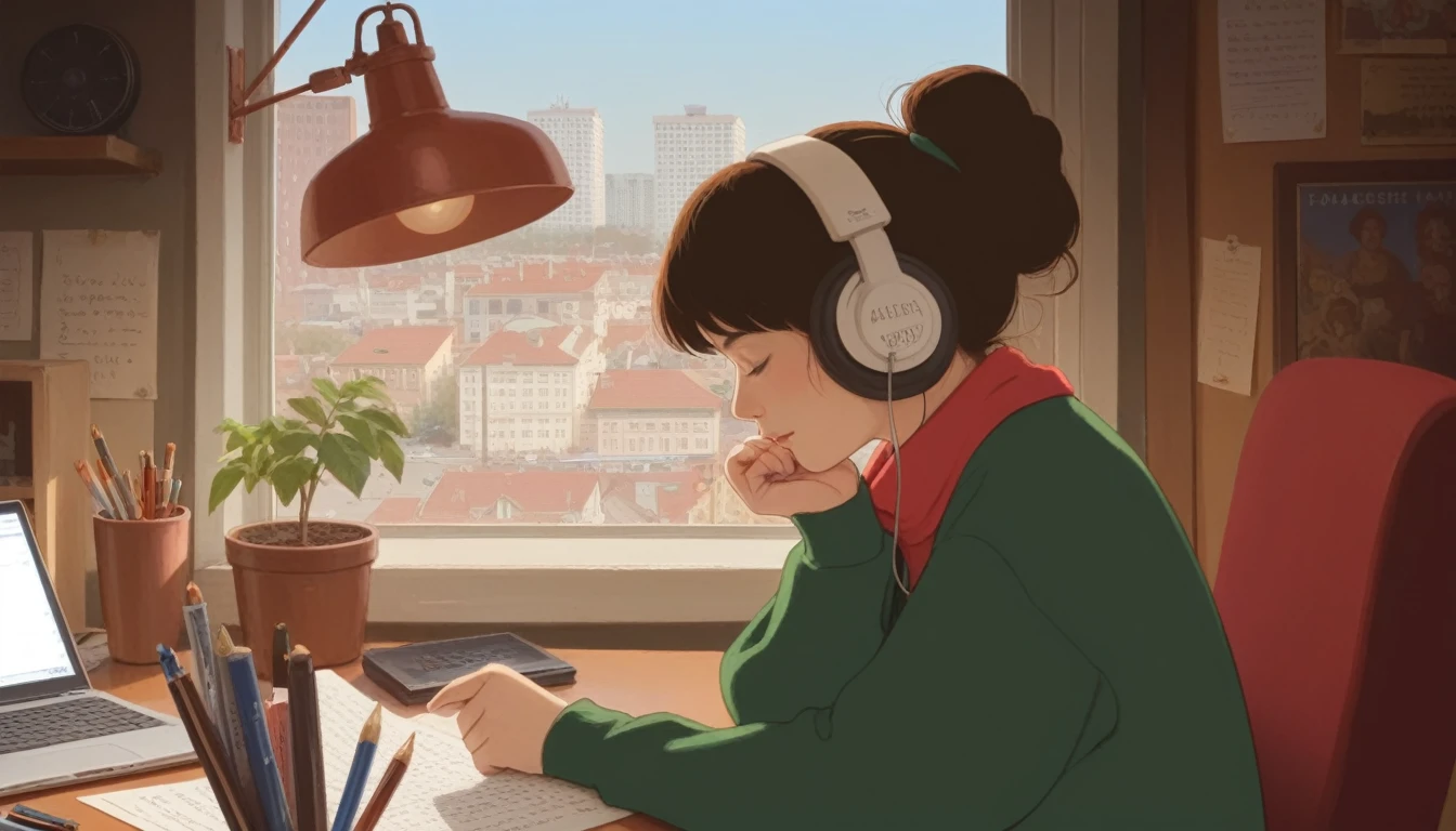 Anime girl sitting at a desk writing with headphones on, praise girl, praise artstyle, praise art, praise portrait, praise feel, praise girl aesthetic, praise colors, Atei Gailan Style, praise vibes, praise, praise hip hop, praise portrait at a window, praise vibe