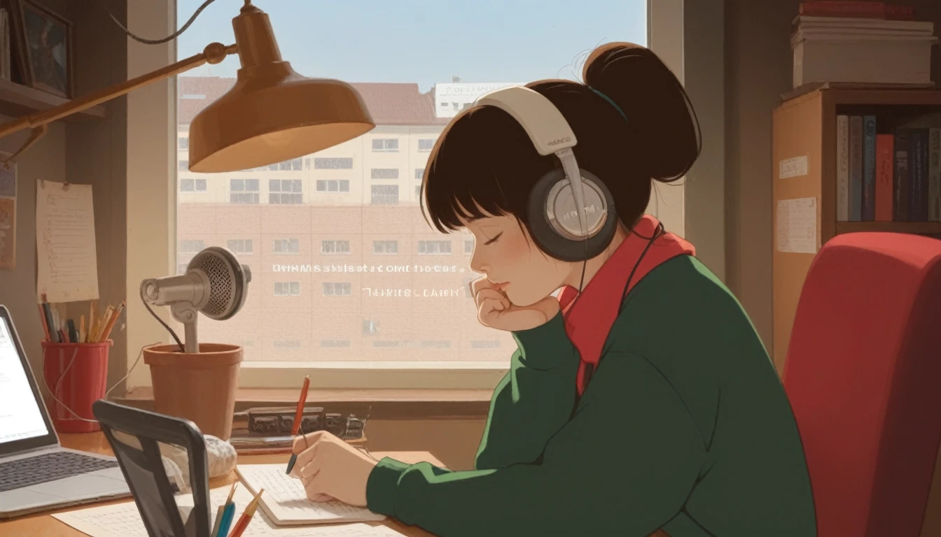 Anime girl sitting at a desk writing with headphones on, praise girl, praise artstyle, praise art, praise portrait, praise feel, praise girl aesthetic, praise colors, Atei Gailan Style, praise vibes, praise, praise hip hop, praise portrait at a window, praise vibe