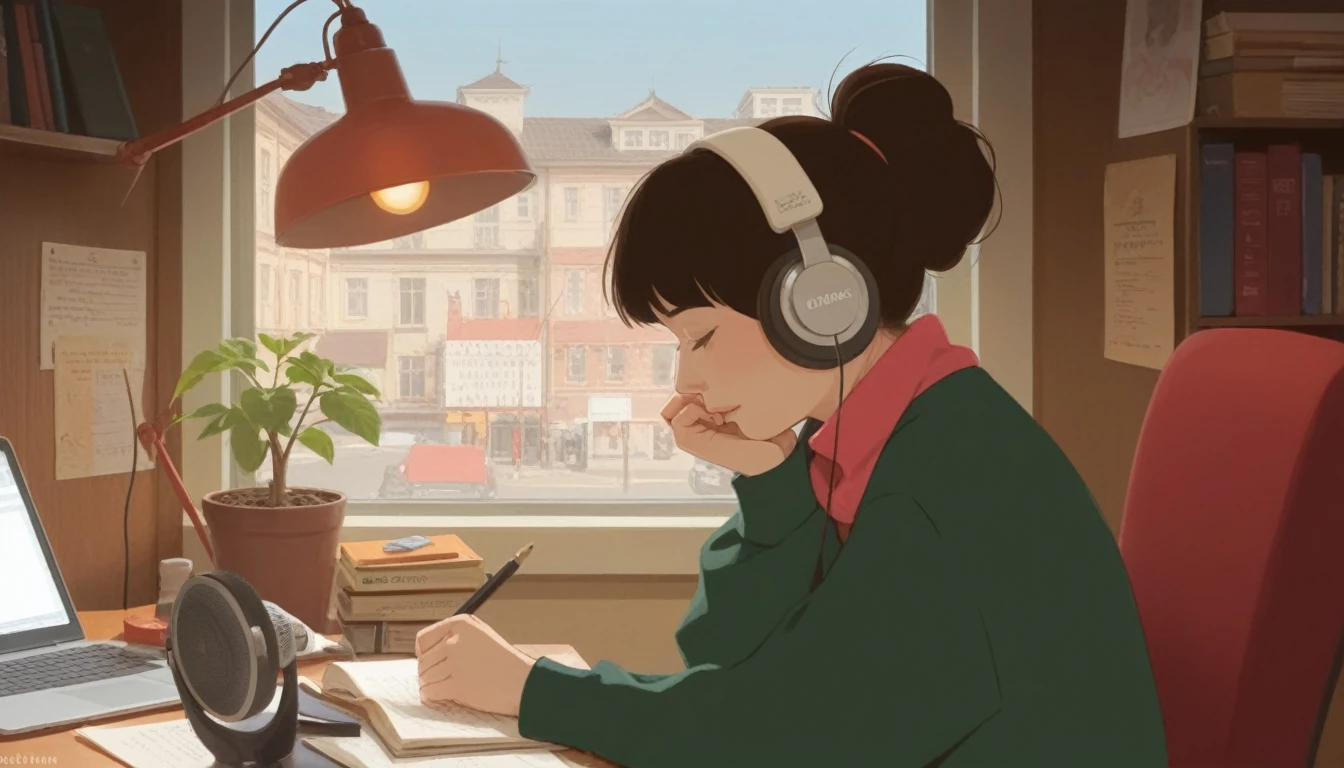 Anime girl sitting at a desk writing with headphones on, praise girl, praise artstyle, praise art, praise portrait, praise feel, praise girl aesthetic, praise colors, Atei Gailan Style, praise vibes, praise, praise hip hop, praise portrait at a window, praise vibe