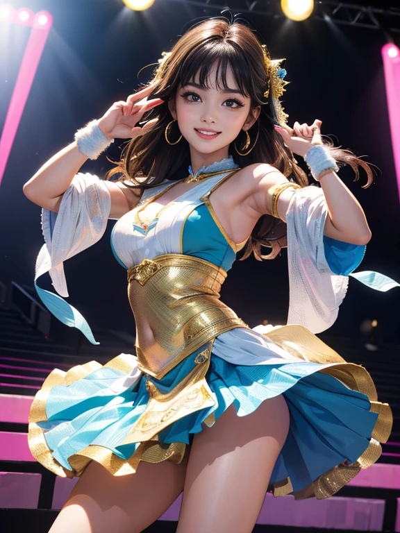 (Highest quality、 8k 、masterpiece、High resolution)、(Dancer)、Full Body Shot、15 year old girl、Idol Group、cute、Dancing with a smile、Outdoor Stage、AKB48 Costumes、Realistic、Official Art、Detailed CG、Professional Lighting、Professional photographer、(Depth of written boundary:1.3)、