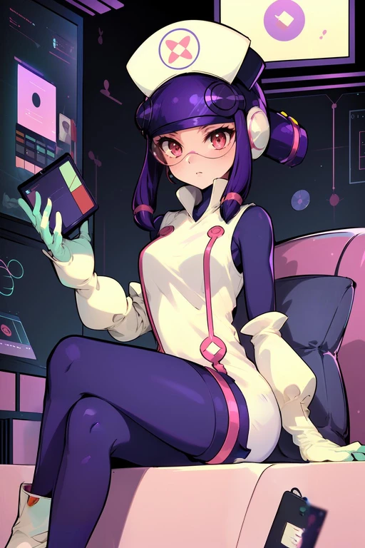 masterpiece,best quality,1girl,Meddy.Exe,Netnavi_MM,purple hair,nurse cap,visor,pink-tinted eyewear,red eyes,sidelock,purple long sleeves bodysuit,white sleeveless dress \(clothing\),gloves,boots,expressionless,sitting,laptop,panels,office,science fiction,