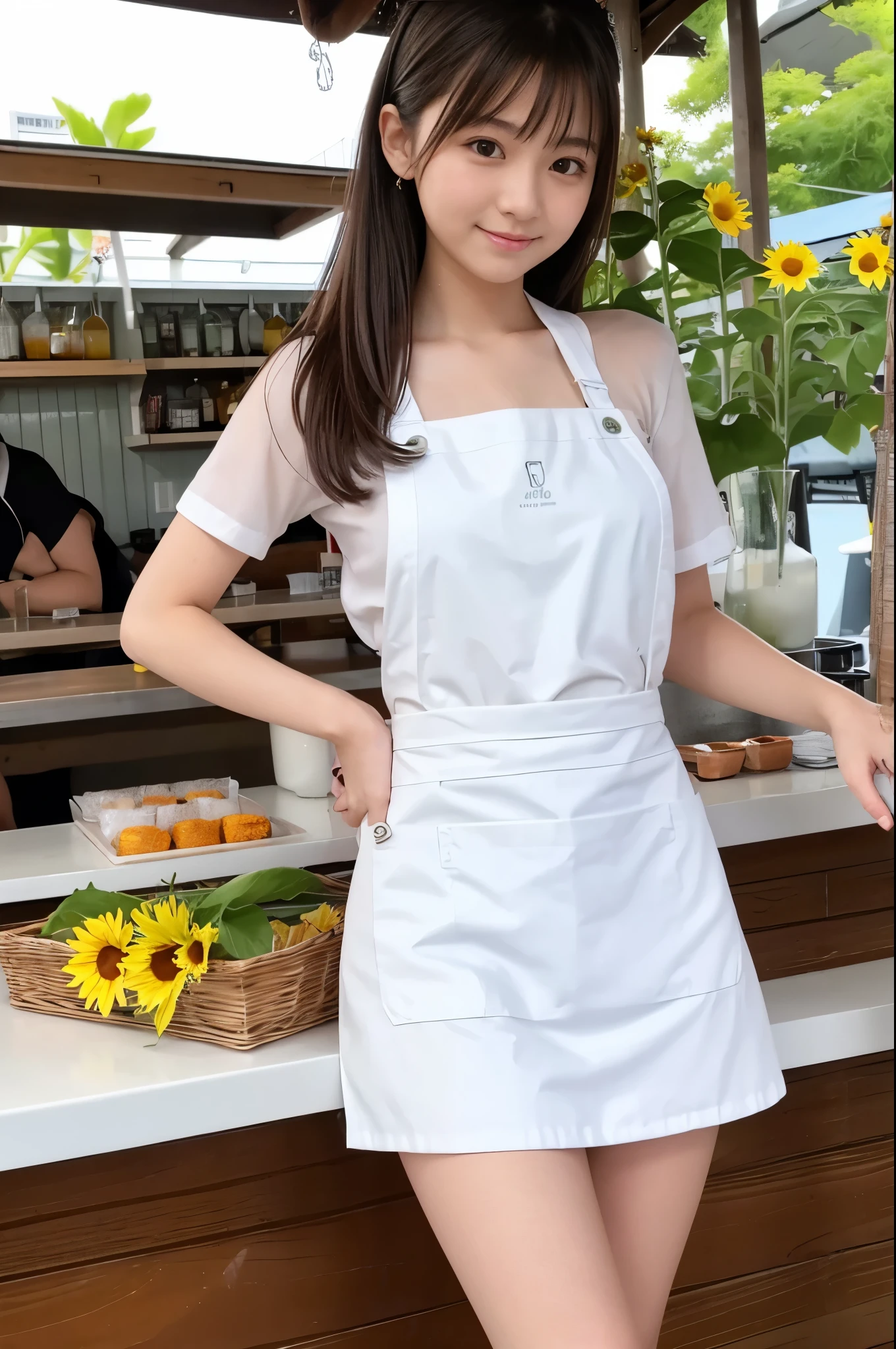 20 years old girl (Japanese pretty face) is wearing white apron, mini skirt at the beach bar with sunflower