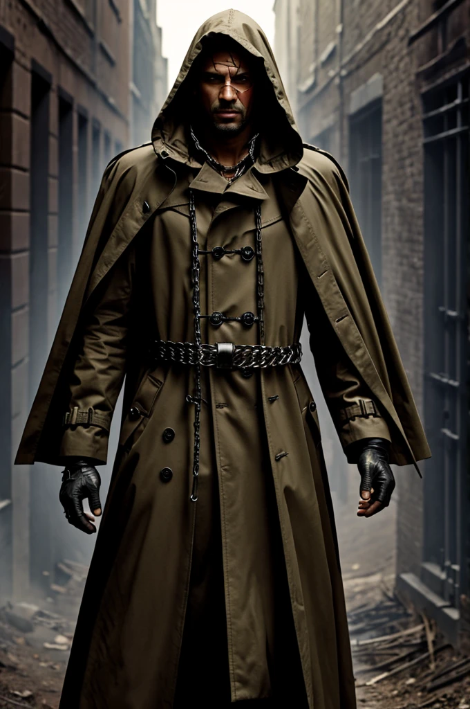 A man in a trench coat and hood,the cloth covers his face,He has chains on his wrists and bandages with blood.