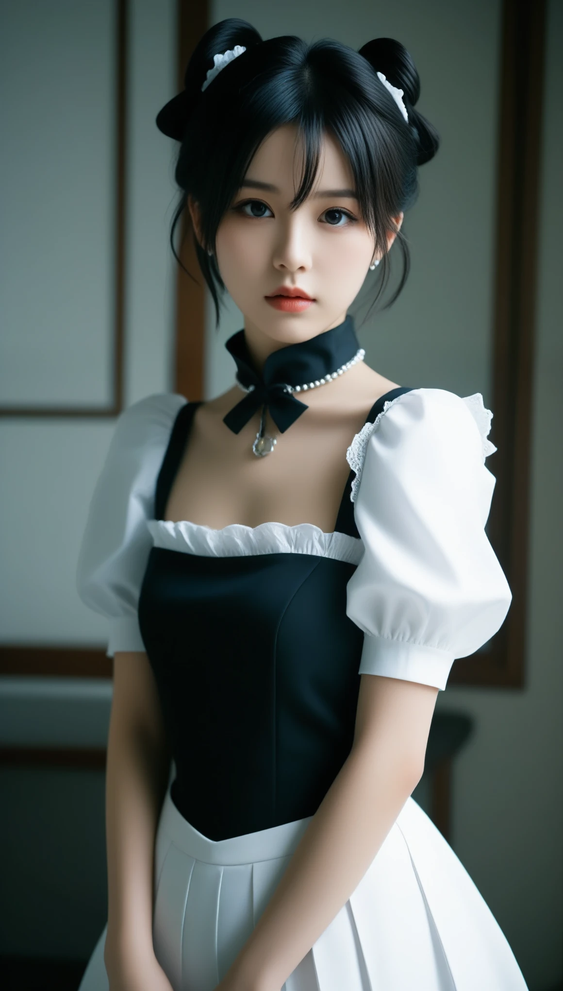 8k, Ultra-high resolution, Highest quality, masterpiece, 三分割法によるphotograph,Surreal, photograph, 1 Girl, (:1.3), pretty girl, Cute Face, Beautiful eyes in every detail, 細かくdetailedに,masterpiece,One Girl:1.2,Japanese female announcer,full body,Serious expression,Black short hair,Messy hair,Maid Android,((Fusion of Gothic Lolita and Lolita fashion:1.3)),Pencil Skirt,bracelet, chest, choker, clavicle,Beautiful leg line beauty,Futuristic cityscape ,Perfect and beautiful face ,完璧でCute Face, Skin with attention to detail, Perfect limbs、Narrow waist,Looking at the audience,(((Ideal body type))),Aカップの小さなchest :2,Portraiture:2,Perfect Anatomy,鮮明なdetailed,detailed,Surreal,Light and shadow,spotlight