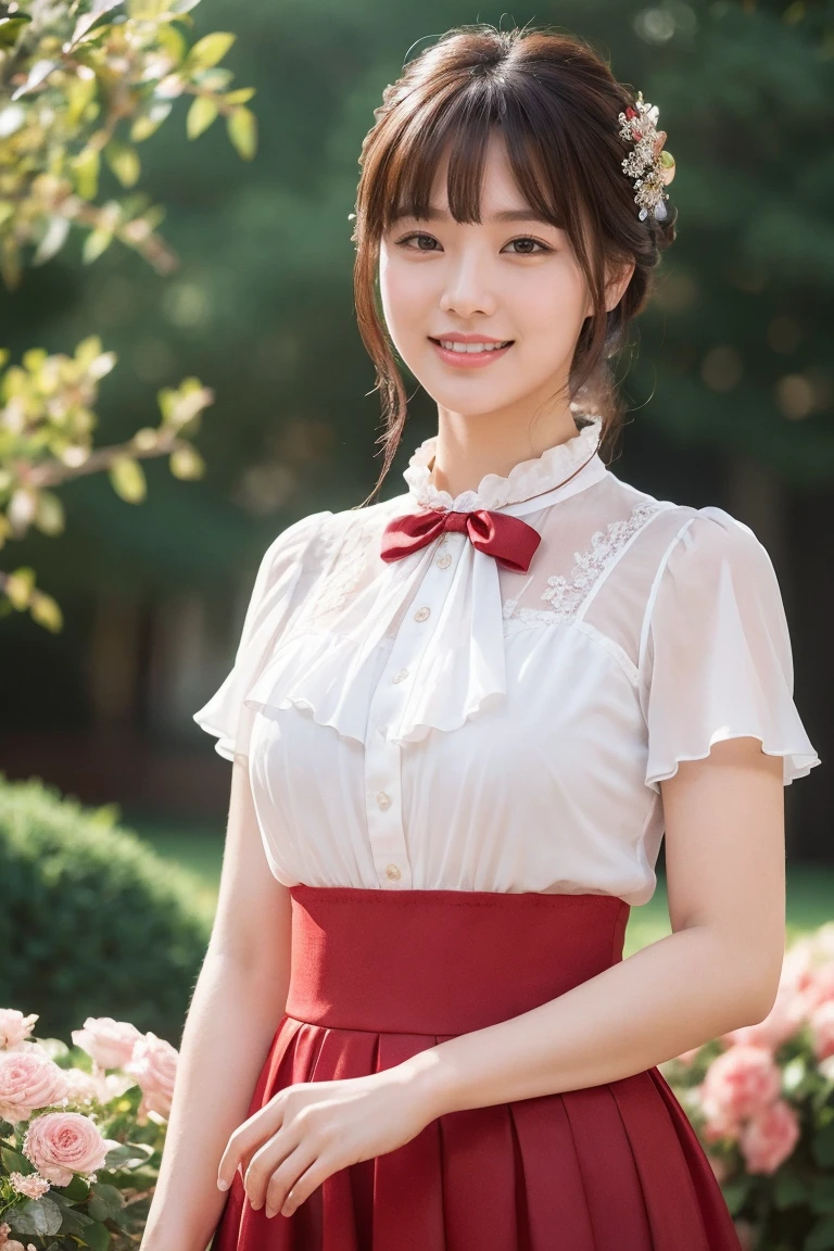 Medium view, medium shot, Depth of bounds written, bust, Upper body, cinematic angle, masterpiece, highest quality, Super detailed, cg, 8k wallpaper, beautiful face, delicate eyes, maiden, alone, smile, bangs, skirt, shirt, have, Crimson dress, bow, petal, bouquet