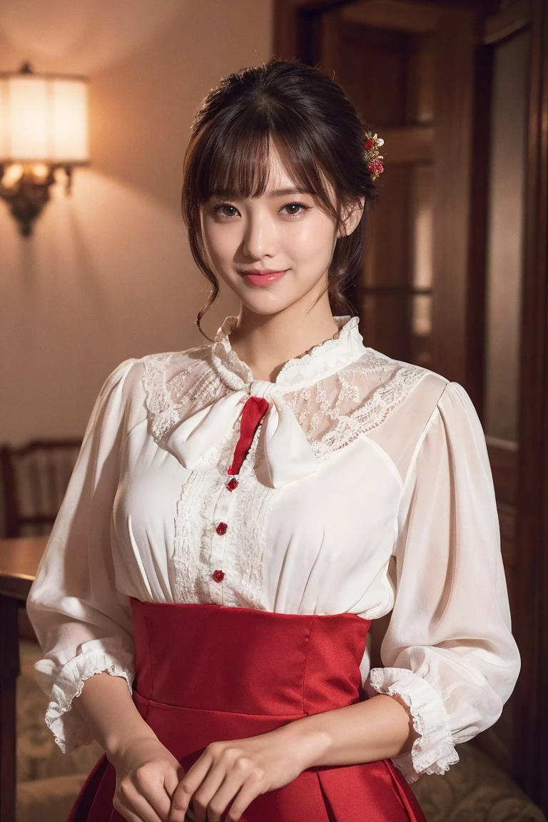 Medium view, medium shot, Depth of bounds written, bust, Upper body, cinematic angle, masterpiece, highest quality, Super detailed, cg, 8k wallpaper, beautiful face, delicate eyes, maiden, alone, smile, bangs, skirt, shirt, have, Crimson dress, bow, petal, bouquet