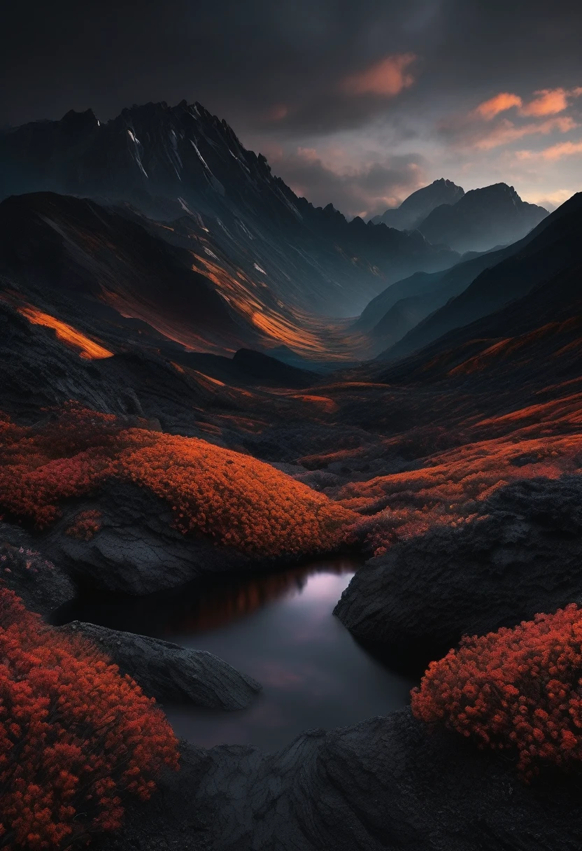 black aesthetic landscape, 8k, masterpiece,