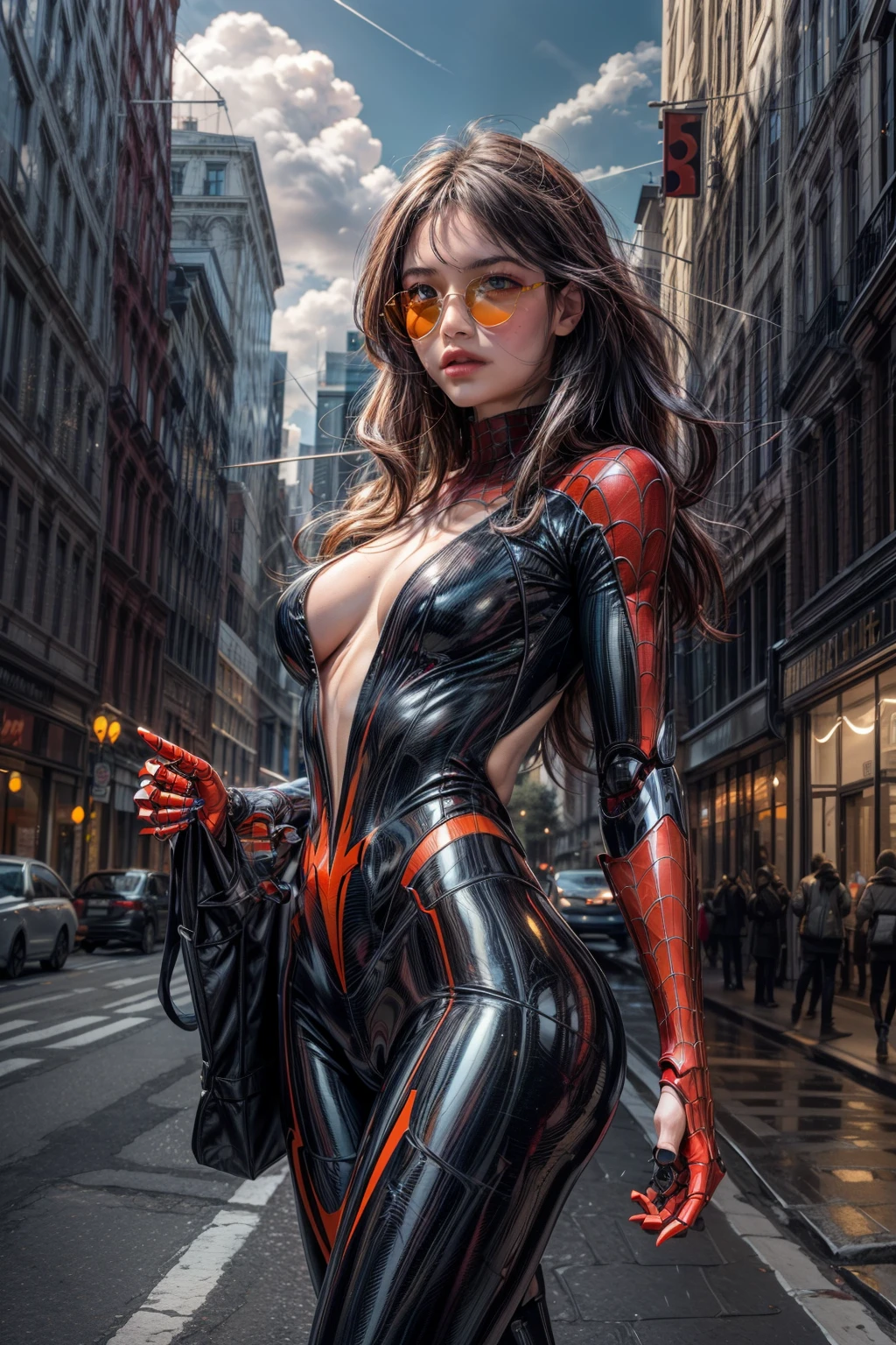 ((best quality)), ((masterpiece)), (detailed), ((best quality)), ((masterpiece)), (detailed), robotic spiderman(full robot costum blue metallic and red), ((orange rayban eyes)) wearing gas mas)k is floating while shooting the webs wichis it comes out from his hands, in the city building from the outside 360° view at nights, moonlighting in the sky, clouds, builings, (colorfull)
