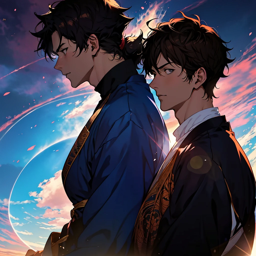 anime boy with a blue shirt is looking to his left, an anime drawing by Eizan Kikukawa, pixiv, serial art, handsome anime pose, Kentaro Miura art, anime portrait of a handsome man, Kentaro Miura manga art style, conrad roset and makoto shinkai, Kentaro Miura art style, anime handsome man、Handsome、profile、colorful、Lens flare、Looks smart、colorfulな背景、Close-up、Concept Art、Two Block、Up Bang、all back、Perm、Brown Hair、Windblown hairstyle、No bangs、Put your hand on your chin、1boy、Fluorescent color