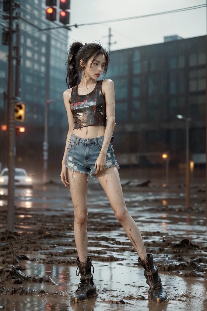 (((best quality))),(((ultra detailed))),(((masterpiece))),illustration,((1 beautiful girl,solo)),(short ponytail:1.2),(((sweat,wet))),((slim,thin)),((small breasts,flat chest)),(torn brown tank top:1.3),(torn brown sports shorts:1.3),(slender legs:1.2),(sneakers:1.2),(standing:1.3),(hands in pockets:1.3),(cyberpunk city:1.3),(body soaked In the mud pit:1.3),(summer:1.2),(downpour:1.2), (mud-covered:1.2), street corner, resilience, fierce determination,vibrant colors,(mud splattered:1.3),city chaos,(muck:1.3),(neon lights:1.2),(muddy flooded street:1.3), towering buildings,(pounding rain:1.3), distressed structures,(night scene:1.3),((from front,full body))