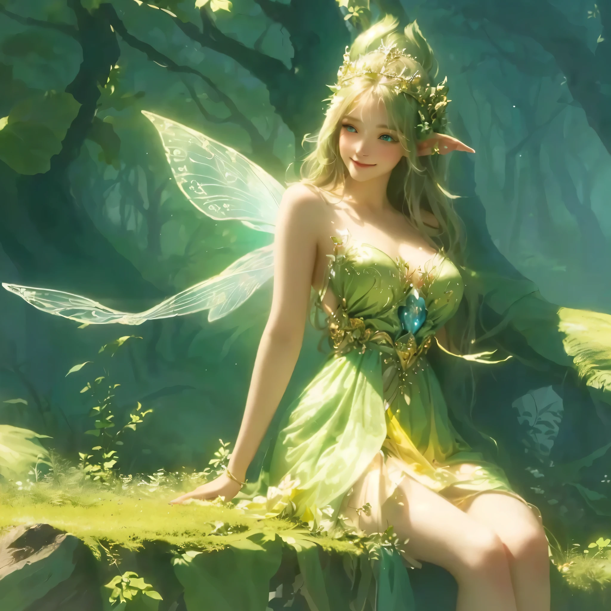 fairy, high quality, 8k, Ultra detailed, hdr, studio light, Masterpiece, a sitting girl, cute face, head to feet, big beautiful blue eyes, smile, closed mouth, natural light, messy hair, dynamic pose realistic, detailed and correct facial structure, beautiful fantasy art, beautiful fairy, smiling as a queen of fairies, beautiful adult fairy, fantasy art style, very beautiful fantasy art, forest fairy, faerie, beautiful fairies, queen of the fairies
