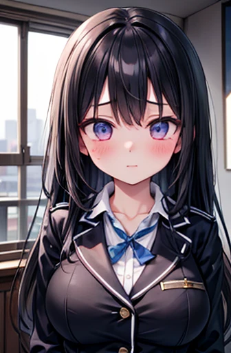 One Girl, Long black hair, uniform, shy, blush, , (masterpiece, Highest quality), Soft Light, Structure of the film, Cinematic Light,Big Breasts