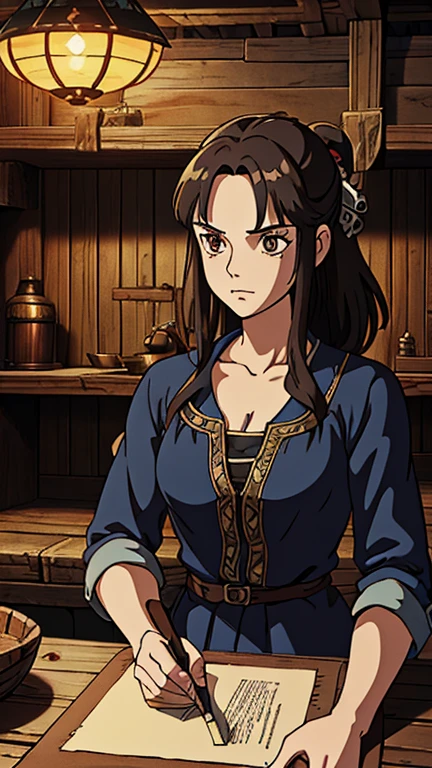 (1girl, NefertariViviV3), (extremely detailed CG unit 8k wallpaper),(master part), (best quality), (ultra detail), (best illustration),(ghibli style), cowboy shot, (Sharp eyeliner, ombre, detail eyes:1), dark tavern interiors background, ,break , (salvagepirateworld), upper body,