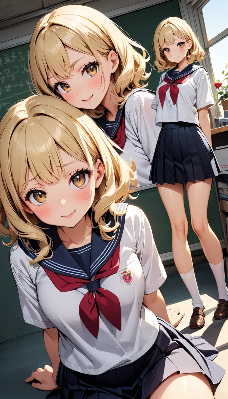 Dynamic pose, Dynamic Angle, Arrange Poses,Top quality work，Show off your legs，((Short wavy creamy golden blonde hair)),(Creamy blonde hair),(short hair),(Wavy Hair),(Golden Eyes), ( 16 years old), Beautiful red lips, Rose Cheeks, Pretty face, Perfectly balanced face, School shirt with red ribbon and black skirt, (school uniform), White Stockings，In the classroom，Full Body View， wonderful, Big round box、Beautiful eye details、Beautiful eyelashes、Beautiful double eyelids, Blushing, Talk to your audience, Anime VTuber Full Body Model, Casual real life