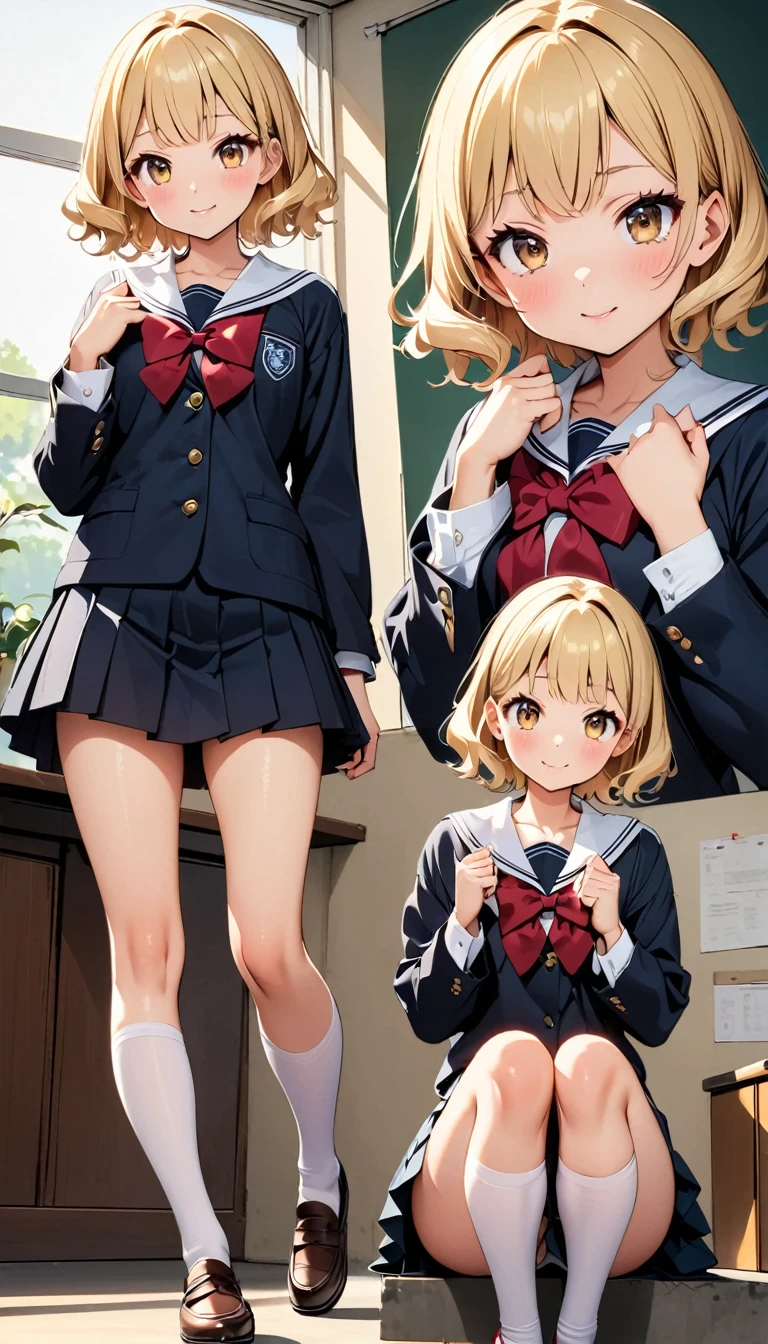 Dynamic pose, Dynamic Angle, Arrange Poses,Top quality work，Show off your legs，((Short wavy creamy golden blonde hair)),(Creamy blonde hair),(short hair),(Wavy Hair),(Golden Eyes), ( ), Beautiful red lips, Rose Cheeks, Pretty face, Perfectly balanced face, School shirt with red ribbon and black skirt, (school uniform), White Stockings，In the classroom，Full Body View， wonderful, Big round box、Beautiful eye details、Beautiful eyelashes、Beautiful double eyelids, Blushing, Talk to your audience, Anime VTuber Full Body Model, Casual real life
