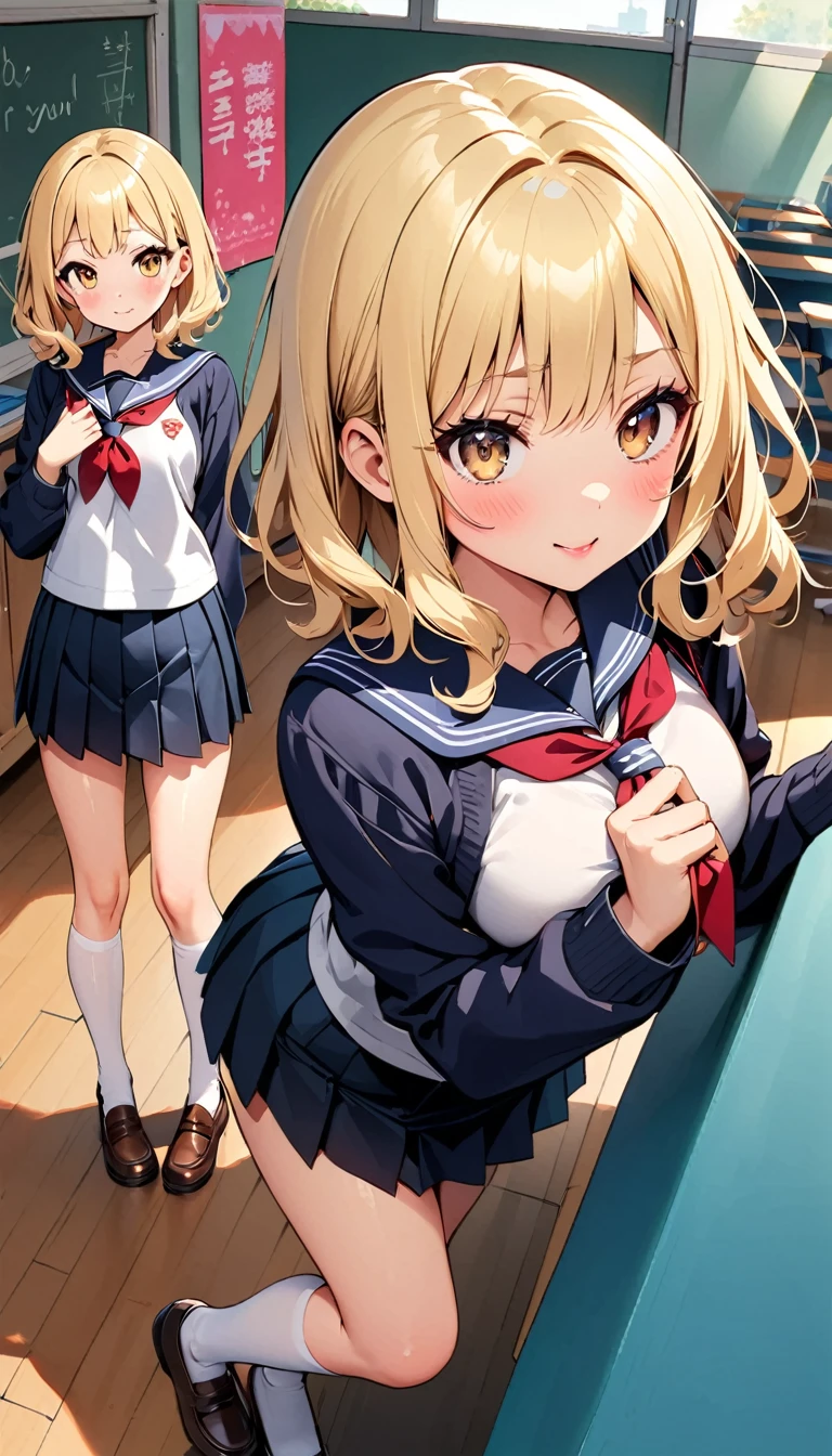 Dynamic pose, Dynamic Angle, Arrange Poses,Top quality work，Show off your legs，((Short wavy creamy golden blonde hair)),(Creamy blonde hair),(short hair),(Wavy Hair),(Golden Eyes), ( 16 years old), Beautiful red lips, Rose Cheeks, Pretty face, Perfectly balanced face, School shirt with red ribbon and black skirt, (school uniform), White Stockings，In the classroom，Full Body View， wonderful, Big round box、Beautiful eye details、Beautiful eyelashes、Beautiful double eyelids, Blushing, Talk to your audience, Anime VTuber Full Body Model, Casual real life