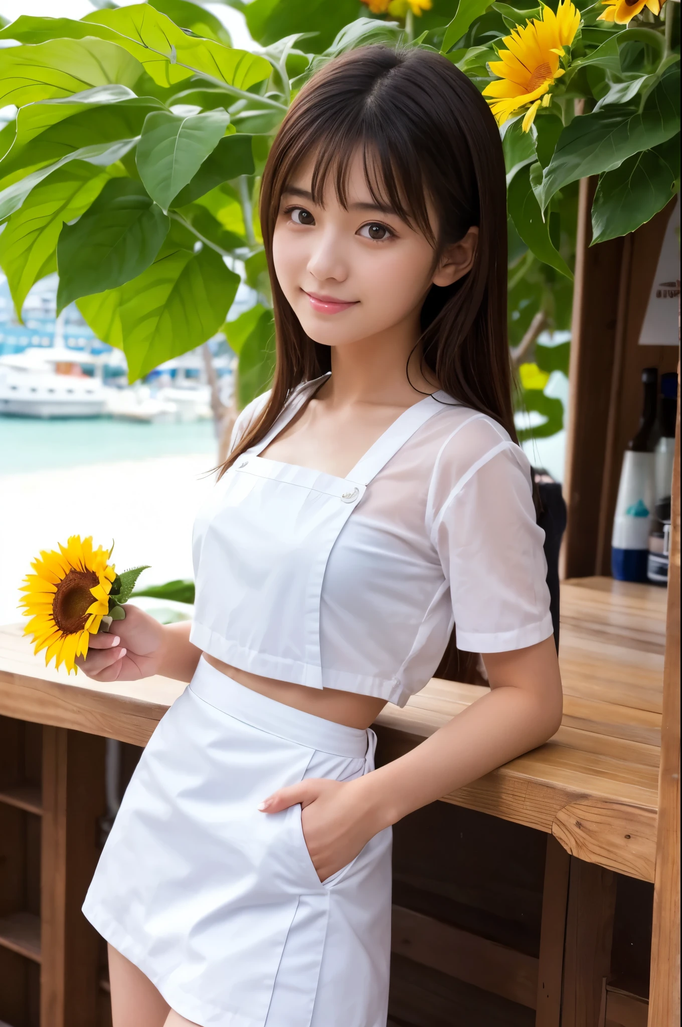 20 years old girl (Japanese cute face) is wearing white apron, mini skirt at the beach bar with sunflower