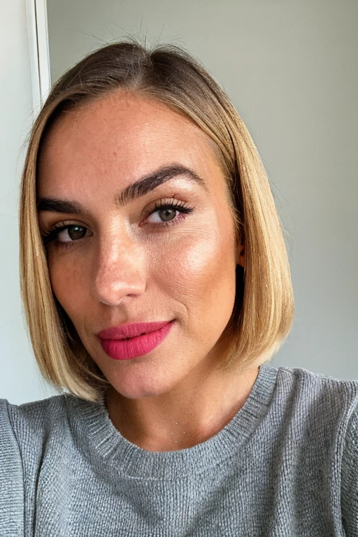 photograph, photo of beautiful woman, selfie, upper body, solo, wearing pullover, cheerful, blonde hair, bob haircut, full lips, perfect eyebrows, looking at viewer, taking a selfie, skin texture, close up, effortlessly chic, UHD