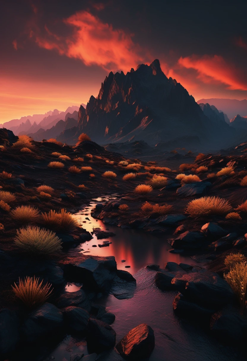 black aesthetic landscape, 8k, masterpiece,