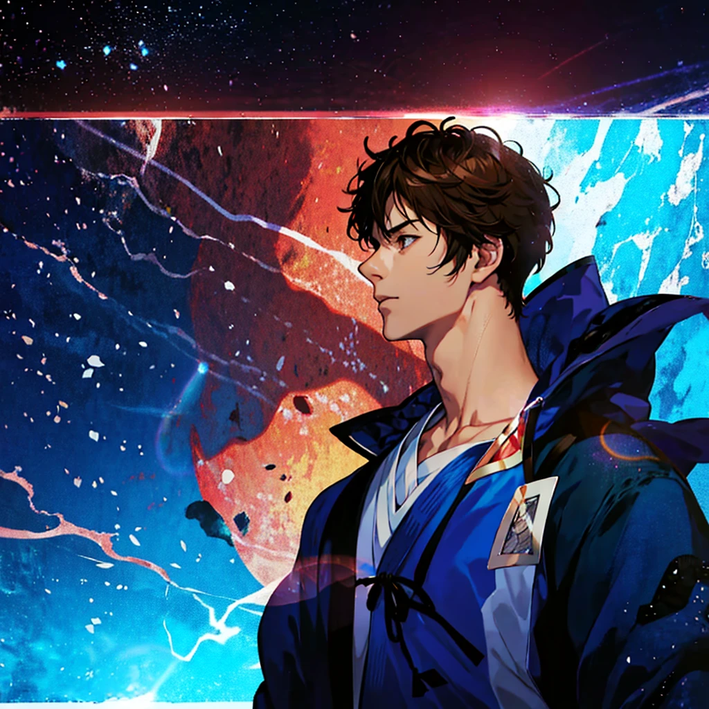 anime boy with a blue shirt is looking to his left, an anime drawing by Eizan Kikukawa, pixiv, serial art, handsome anime pose, Kentaro Miura art, anime portrait of a handsome man, Kentaro Miura manga art style, conrad roset and makoto shinkai, Kentaro Miura art style, anime handsome man、Handsome、profile、colorful、Lens flare、Looks smart、colorfulな背景、Close-up、Concept Art、Two Block、Up Bang、all back、Perm、Brown Hair、Windblown hairstyle、No bangs、Put your hand on your chin、1boy、Fluorescent color、all backの髪