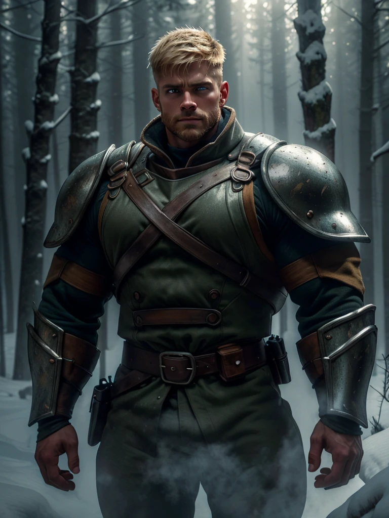 1 man, inside the snowy forest, wearing armor, detailed facial features, beautiful light and masculine eyes, detailed light skin, short blonde hair, strong expression, dramatic lighting, cinematic composition, cold and dark color palette, atmospheric fog, chin strong, manly man (best quality, 4K, 8K, high resolution, art: 1.2), ultra-detailed, (realistic, photorealistic, photorealistic: 1.37)