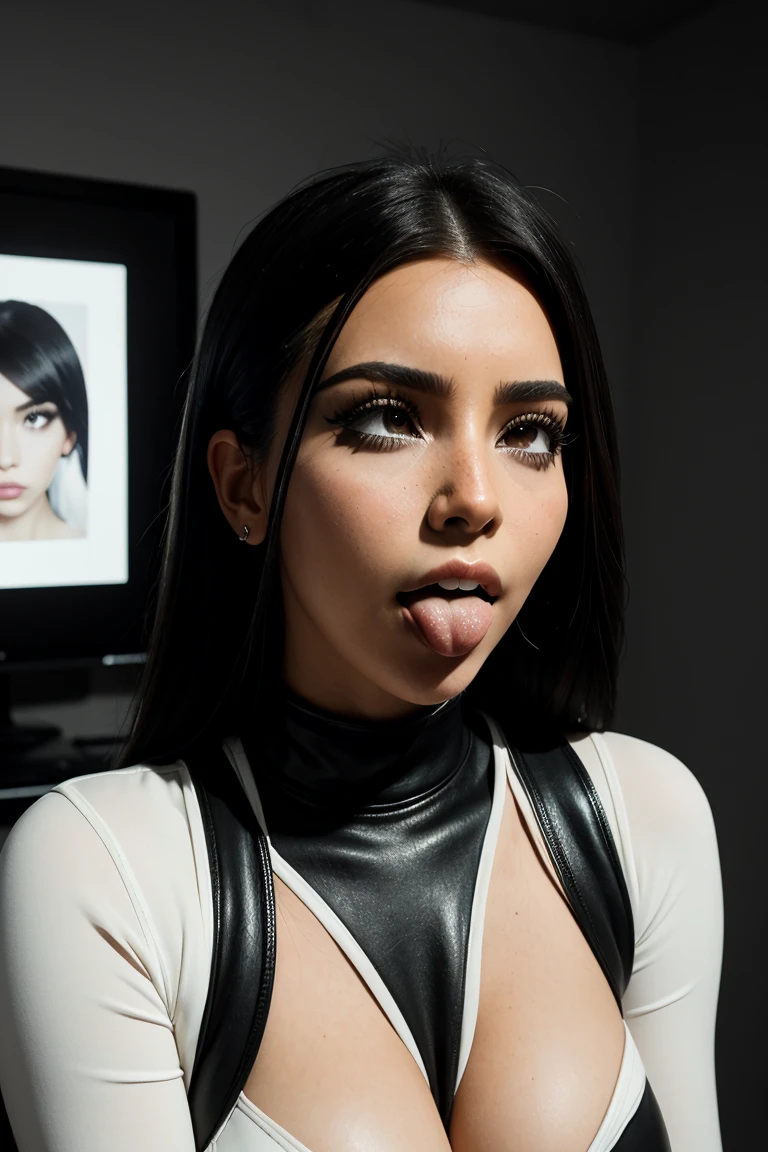 kim kardashian, by white, black latex body suit, Cara de Ahegao, concert wall in the background  (masterpiece:1.2, Best Quality:1.2, beautiful, high quality, High resolution:1.1, Aesthetic), detailed, extremely detailed, soft ambient lighting, 4k, Perfect eyes, angular face, Sharp Features, big nose, perfect lighting, 1 girl,