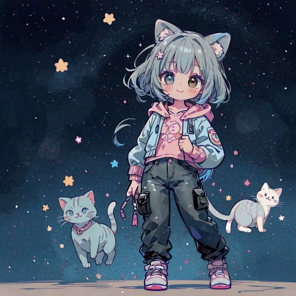 ((Highest quality,masterpiece,Extremely complex and exquisite details,A short girl with gray and blue cat ears and long hair is in the center,Gray blue super long straight hair,Curly hair at the ends,Sparse air bangs,Gray and pink T-shirt with xJ lettering,Denim hooded cropped jacket,Black and gray long cargo pants)),(pink and white sneakers,Smile slightly,Surrounded by tons of cute short-legged cats,Correct anatomy),Super Q super cute short full body portrait,Starry sky background vertical painting space scene