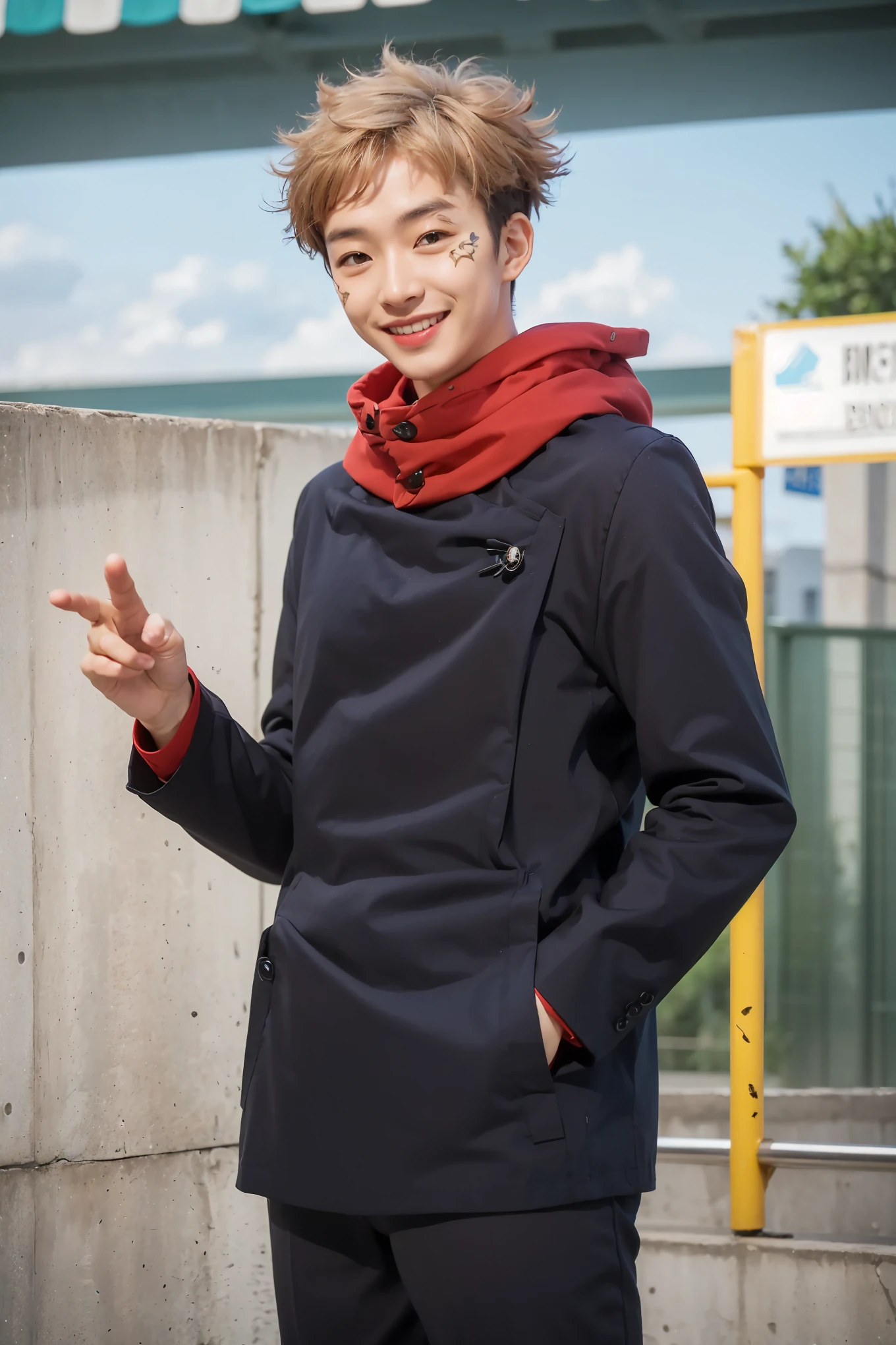 1man,solo,realistic,8k,highres,(perfect face:2),perfect eyes,perfect body,cream hair,smiling,ultra detailed skin,standing