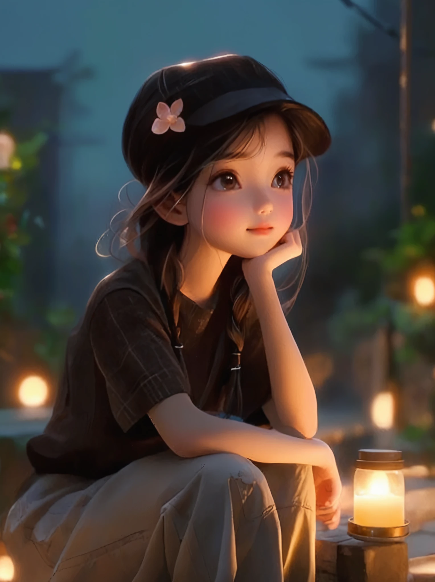 A long-haired girl sitting on a bench，Holding a cup in hand, charming细致的数字艺术, charming的数字艺术, charming卡通 character, charming的肖像, charming卡通, charming的角色, Soft portrait shots 8 k, charming的数字, charming的 3d 渲染, charming, charming的动漫女孩, charming美丽, Beautiful soft lighting, charming, charming的卡哇伊女孩