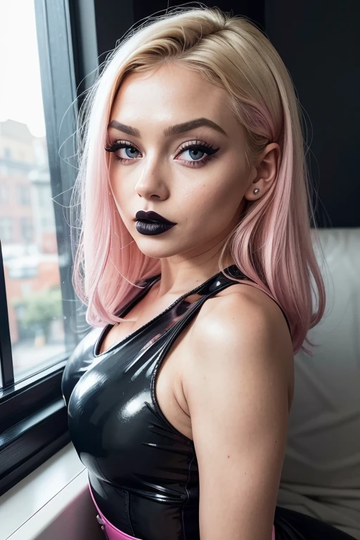 a woman in a pink latex dress sitting on a window sill,by Eve Ryder, reddit, blonde hair and large eyes, she take black lipstick on her lips, 🤤 girl portrait, hot pink, ready for a meeting, 4 8 0 p, blacklips, hourglass figure, wearing a cute top, gif, crimson, wrapped in leather straps, portrait sophie mudd, immaculate detail, blacklips, black color lips, black lips, dark lips
