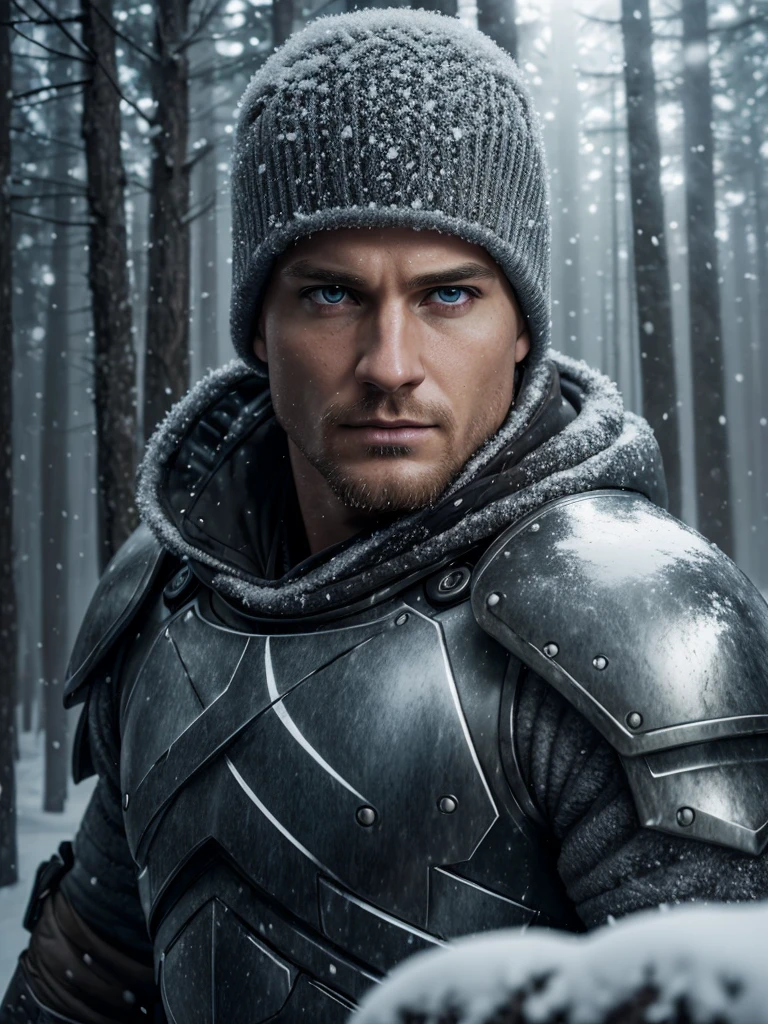 1 man, inside the snowy forest, wearing armor, detailed facial features, beautiful light and masculine eyes, detailed light skin, short blonde hair, strong expression, dramatic lighting, cinematic composition, cold and dark color palette, atmospheric fog, chin strong, manly man (best quality, 4K, 8K, high resolution, art: 1.2), ultra-detailed, (realistic, photorealistic, photorealistic: 1.37)