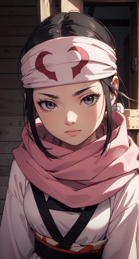 (Shino Asada) masterpiece), best quality, high resolution 1girl bob cut medium hair standing alone cowl headband on forehead profile image looking at viewer beautiful eyes beautiful face extremely detailed pink clothing girly kyoukai