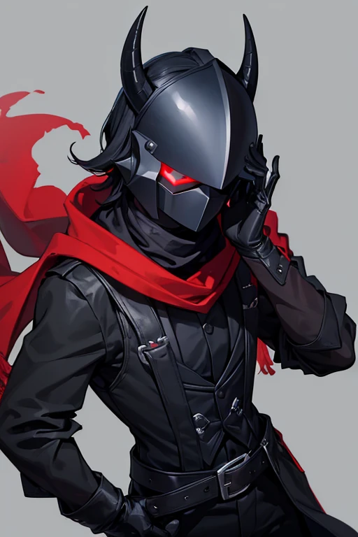 man with a black paladin helmet that hides his face and black goat-like horns. wearing a red shirt amd black gloves, with a black dress vest buttoned on top, with black dress pants and a black and very long scarf.