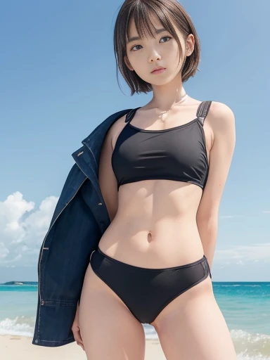Japanese female, (underweight), (flat chest best quality:1.5),
beach, standing, short hair, (t-shirt), (undressing:1.3), (swimsuit), cowboy shot, (from front), ground-level shot