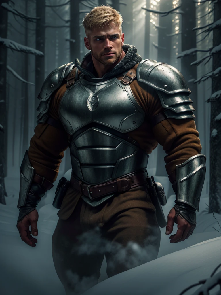 1 man, inside the snowy forest, wearing armor, detailed facial features, beautiful light and masculine eyes, detailed light skin, short blonde hair, strong expression, dramatic lighting, cinematic composition, cold and dark color palette, atmospheric fog, chin strong, manly man (best quality, 4K, 8K, high resolution, art: 1.2), ultra-detailed, (realistic, photorealistic, photorealistic: 1.37)