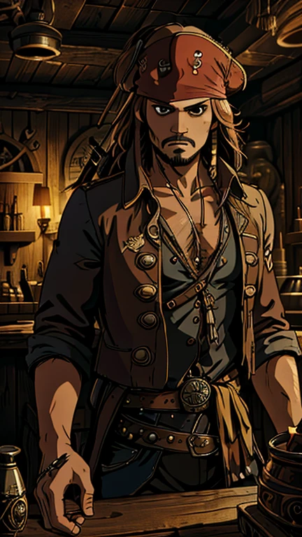 (1man, jack sparrow), (extremely detailed CG unit 8k wallpaper),(master part), (best quality), (ultra detail), (best illustration),(style of Dan Mumford), cowboy shot, (Sharp eyeliner, ombre, detail eyes:1), dark tavern interiors background, ,break , (salvagepirateworld), upper body,