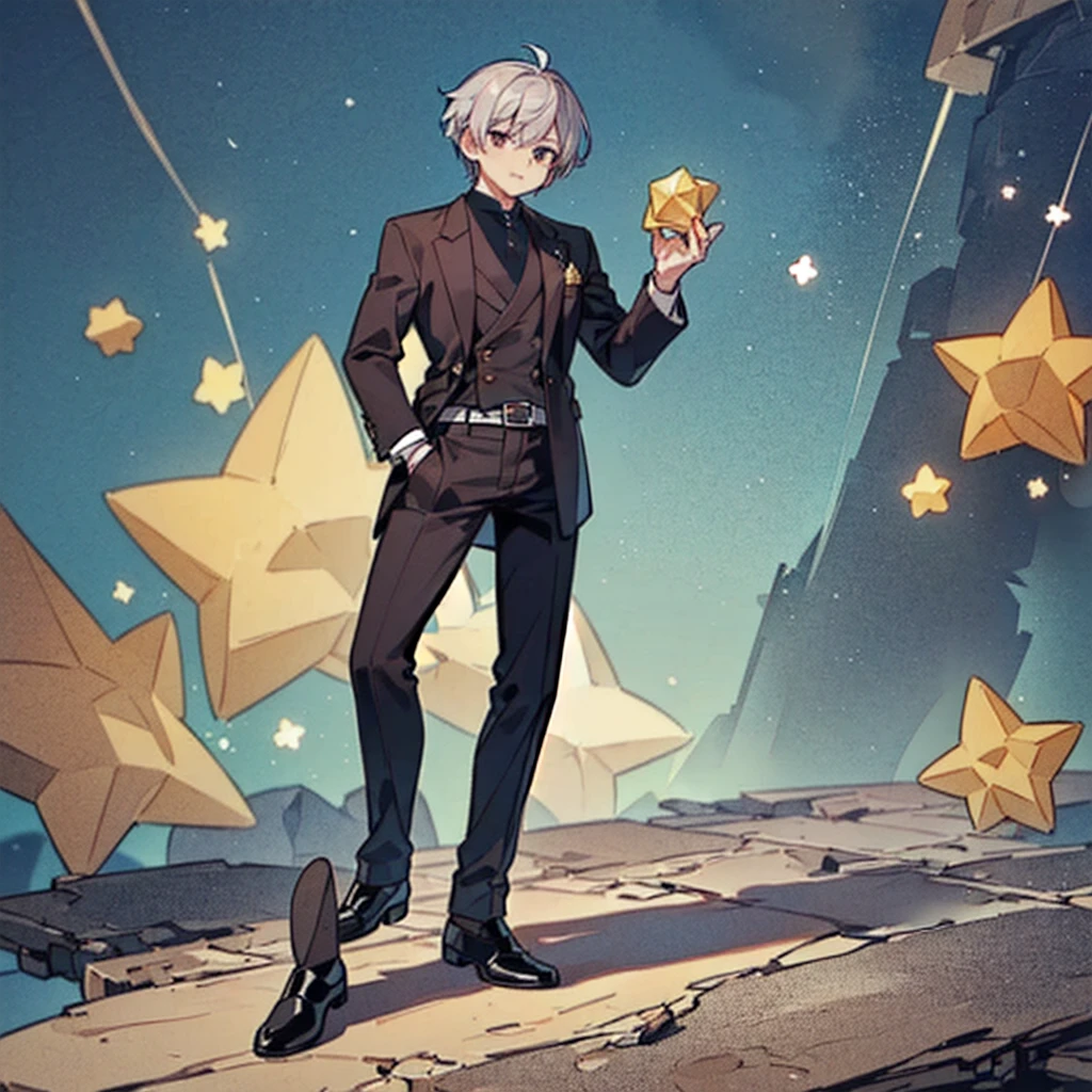 ((Highest quality,masterpiece,Extremely sophisticated details,Full body picture of a handsome Korean-style man with short silver hair,Holding a big three-dimensional star in hand,Wearing a boss's formal short black suit without tie and high collar,singer)),Extremely mature and handsome,super handsome guy,Small silver jewelry decoration,Gorgeous stage background,Q version