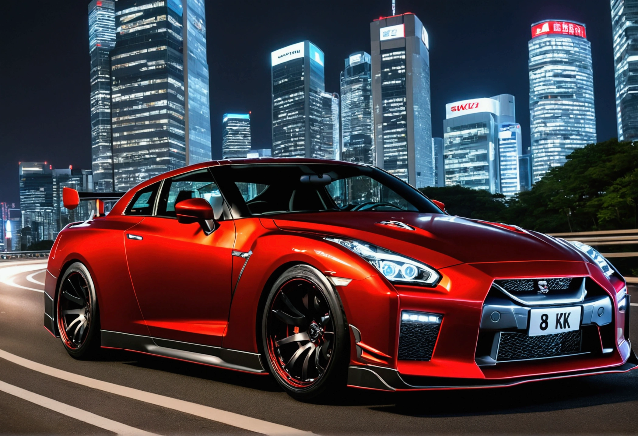 (Highest quality, 8k, masterpiece :1.2), Ultra-realistic, A detailed red Nissan GTR R35, Speeding on the highway, (To the audience), Blue skyscrapers in the background,Tokyo Night,circuit