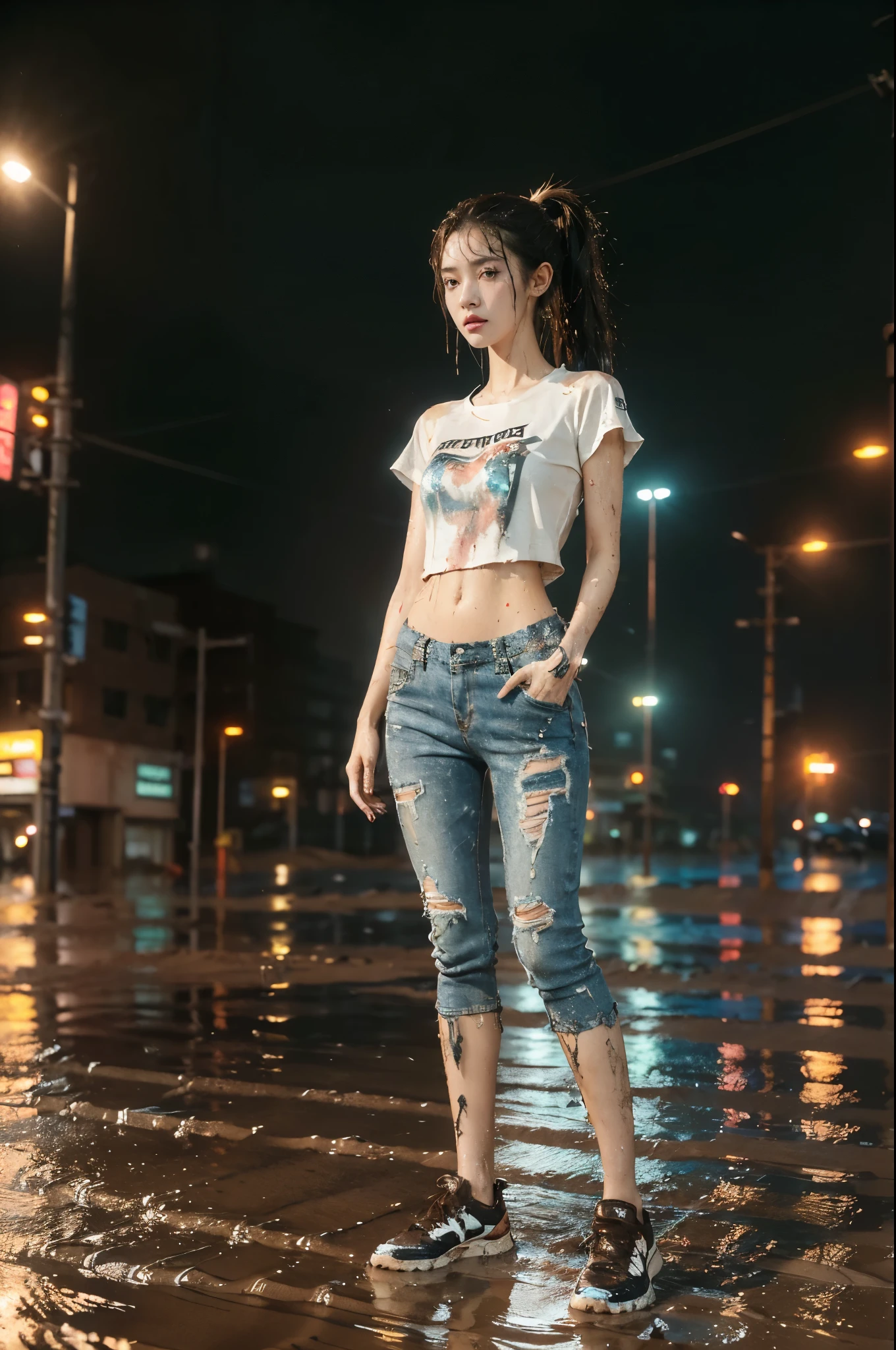 (((best quality))),(((ultra detailed))),(((masterpiece))),illustration,((1 beautiful girl,solo)),(short ponytail:1.2),(((sweat,wet))),((slim,thin)),((small breasts,flat chest)),(torn brown short-sleeved shirt:1.3),(torn brown sports pants:1.3),(slender legs:1.2),(sneakers:1.2),(standing:1.3),(hands in pockets:1.3),(cyberpunk city:1.3),(body soaked In the mud pit:1.3),(summer:1.2),(downpour:1.2), (mud-covered:1.2), street corner, resilience, fierce determination,vibrant colors,(mud splattered:1.3),city chaos,(muck:1.3),(neon lights:1.2),(muddy flooded street:1.3), towering buildings,(pounding rain:1.3), distressed structures,(night scene:1.3),((from front,full body))