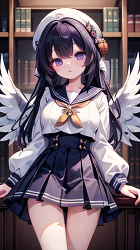 ((masterpiece,Highest quality,Very detailed)),((Seraphim,Sailor suit,(High Waist Skirt))),Purple eyes,Black Hair,library,Pleated skirt,dress,((cute,anime)),Open your mouth,Curious,Eye on the details,Big Breasts