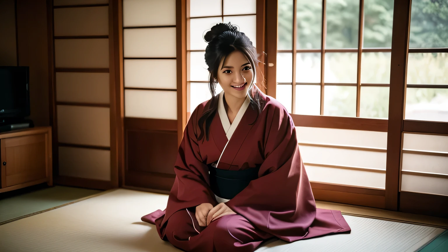 Sitting-straight shot, Best quality, a 25y chubby latin women, wearing a Japanese Kimono in a proper sitting form, Kimono hairstyle, moody atmosphere, beautiful shadow, room light exposure, sitting on tatami next to a Japanese low table, in a Japanese wooden house, smiling directly facing camera, kodacrhome, cinematic lighting, masterpiece composition, perfect direct of photography, realistic face and eyes, realistic skin, ultra highly detailed, centered object, sharp focus, beautiful film bokeh, surreal view, candid photo, shot by zenit camera with 35mm lens, cinematic photo by annie leibovitz