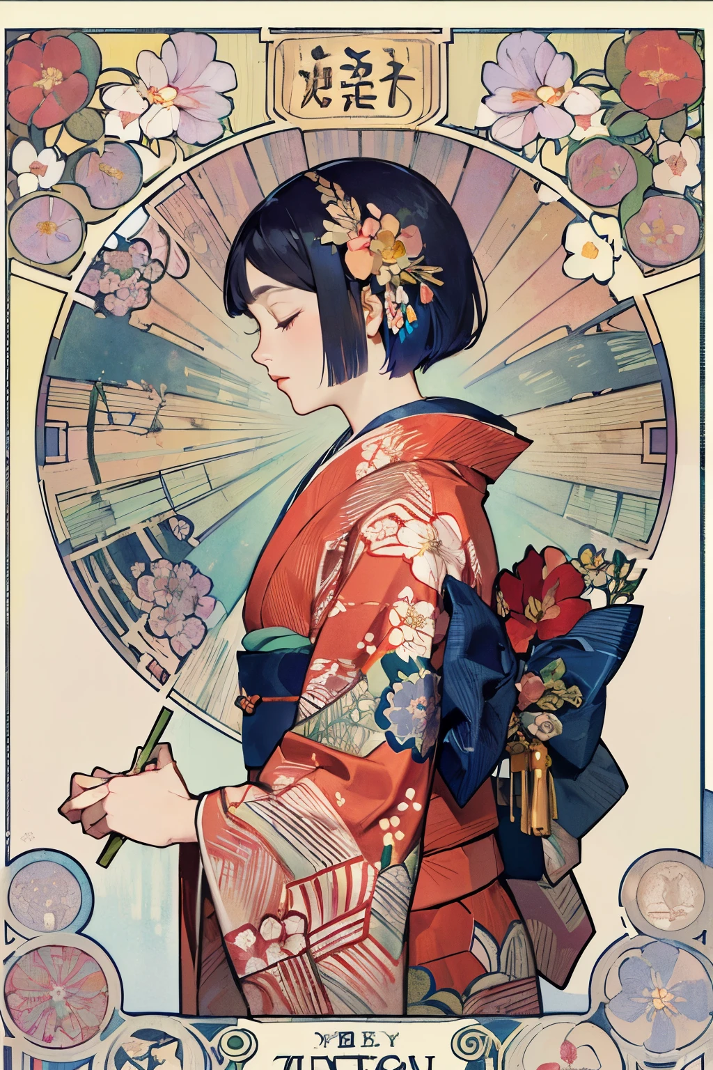 poster,(by mucha:1.2),((art deco, Botanical Art, Floral Art)),(floral:1.2),lily flower,
(masterpiece, highest quality),(vibrant colors, colorful),(amazing details, detailed background),anatomically correct, Accurate drawing, Detailed drawing, high-class sense, blunt cut:1.6, bob cut, closed eyes, (kimono:1.5), holding a flower in hand, Profile