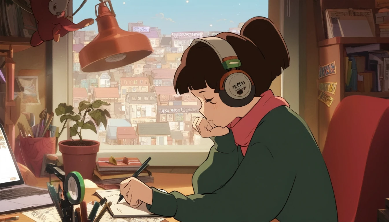 Anime girl sitting at a desk writing with headphones on, praise girl, praise artstyle, praise art, praise portrait, praise feel, praise girl aesthetic, praise colors, Atei Gailan Style, praise vibes, praise, praise hip hop, praise portrait at a window, praise vibe