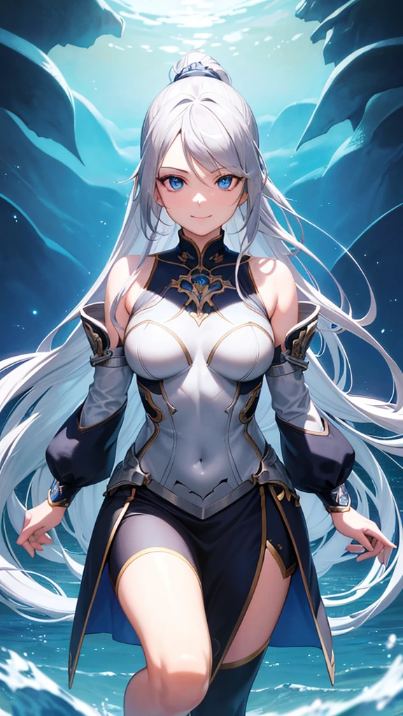 High resolution, Long Hair, Gaze, blue eyes, ponytail, Close your mouth, Anatomically correct, Highest quality, Very detailed, Silver Hair, Female eye symbol, smiling, Feet out of frame, accessories, Illustration, Stylish,The background is the sea,Cinematic light effect pointing left diagonally upwards,