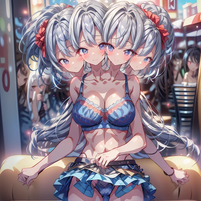 (Masterpiece),(Very detailed), (High quality), (high resolution), (best quality:1.5, height, UHD), height, nonsense, Ultra details, Special quality, Extra resolution, 16ก, ((3 heads:1.5)), 1 girl, Anime girl has two heads., silver gray hair, ((Blue T-shirt)), Casual wear, city background, smile, mall, girl, lively light, blue skirt, (Red Sport Bra), glowing blue eyes