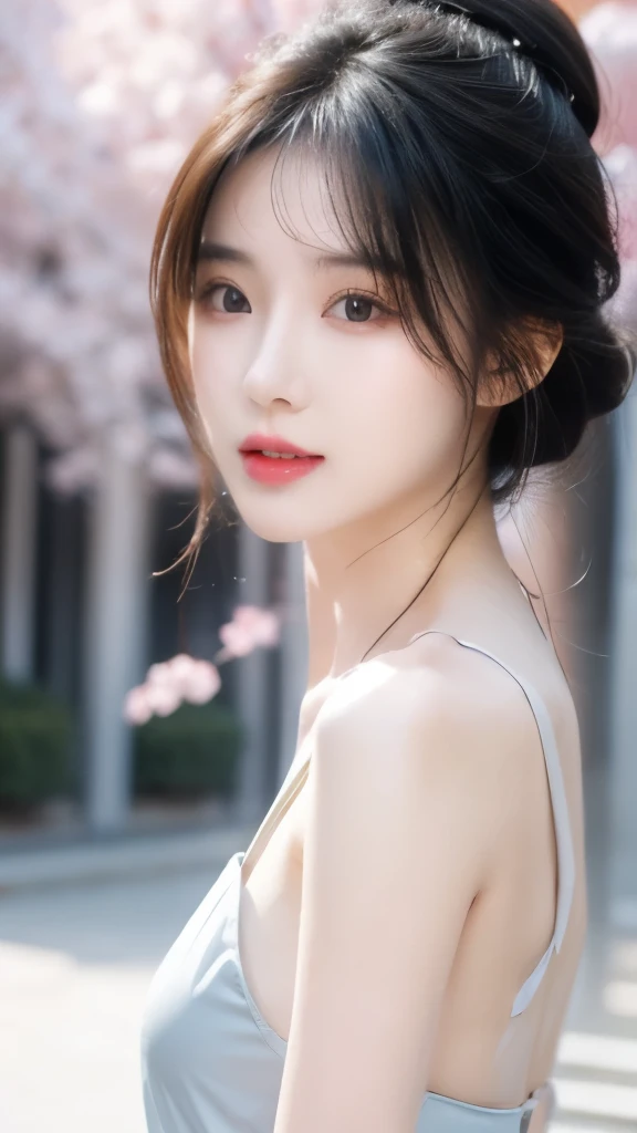 Rear view, (flat chest), Toothed skin,, fashion beautiful girl, Gentle and charming Chinese beautiful girl, 18 years old, Exquisite and sexy clavicle, Charming oval face, Double eyelids, Bright peach eyes, Pink lips, Small nose, Bare shoulders, Focus on the face, Close-up of face, Ultra HD, Ultra-clear, Full body portrait, Sweet and playful upper body, Blue clothes