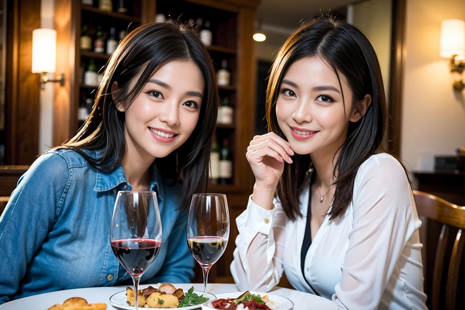 ((Highest quality、8k、masterpiece:1.3))、Slim Couple、Model Couple、(Realistic, Intricate details:1.2), full-course dinner、wine 、Amazing view of the sunset sky and clouds、A bright smile、The wonderfulness of smiles、Bright image、wineの美しさ, Beautiful Face, blue eyes, The light shines on your face, blush, short hair,Bright Face、 (Age 35), 38 years old, 赤wine 、Appetizers、Italian food、wine bottle、Champagne、スパークリングwine、Two beauties、Brown Hair、Shortcuts、Long sleeve shirt、dress、Two beautiful women
