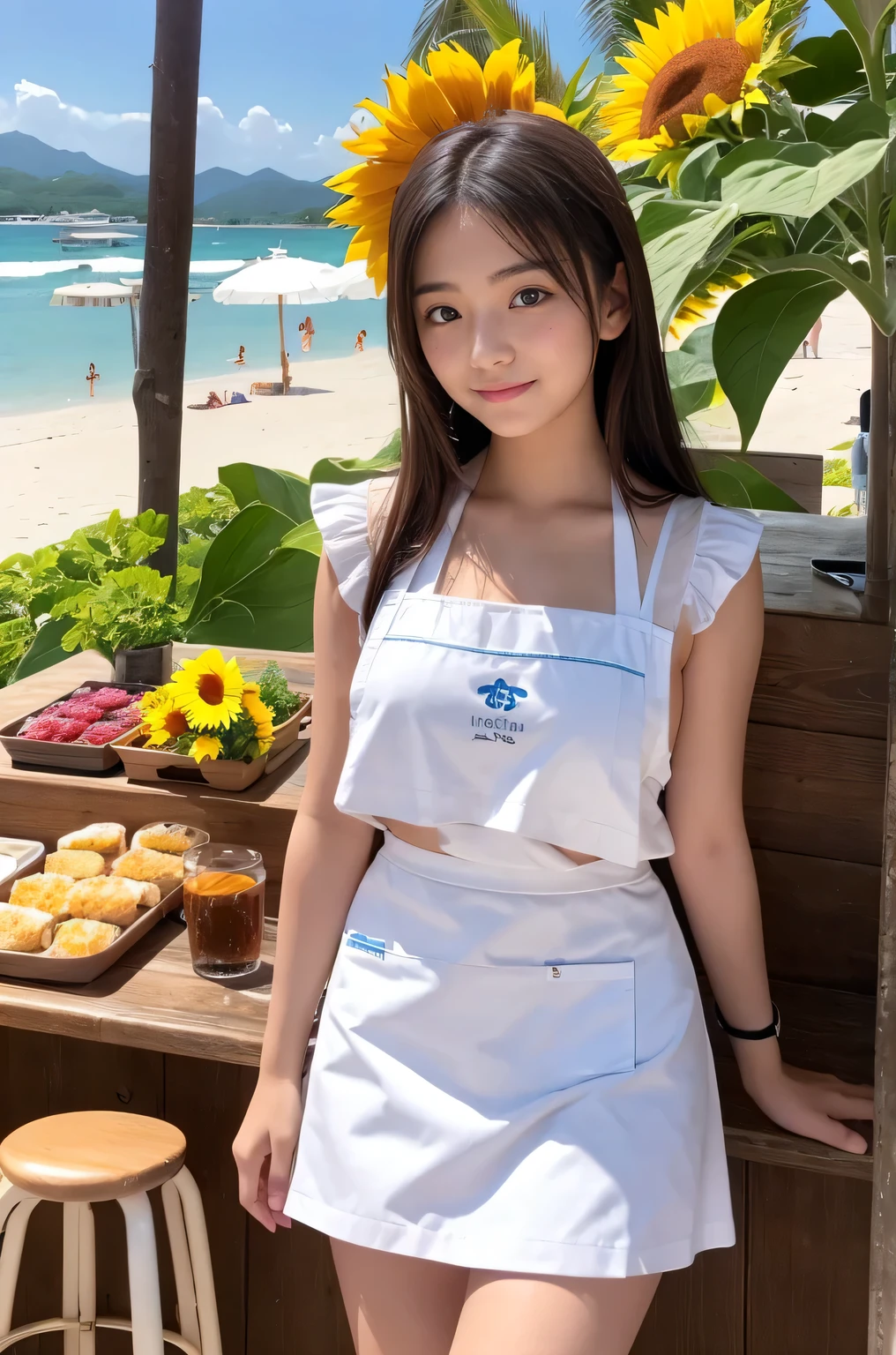 20 years old girl (Japanese pretty face) is wearing white apron, mini skirt at the beach bar with sunflower